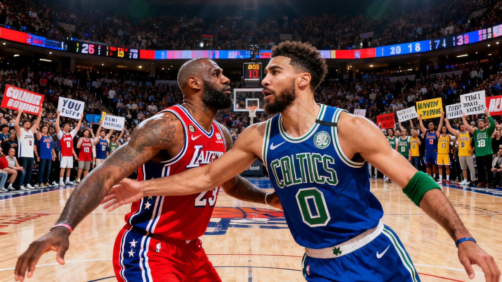 NBA常规赛洛杉矶湖人对阵波士顿凯尔特人的高清直播画面，球员正在场上激烈对抗，球场灯光璀璨，观众席座无虚席。