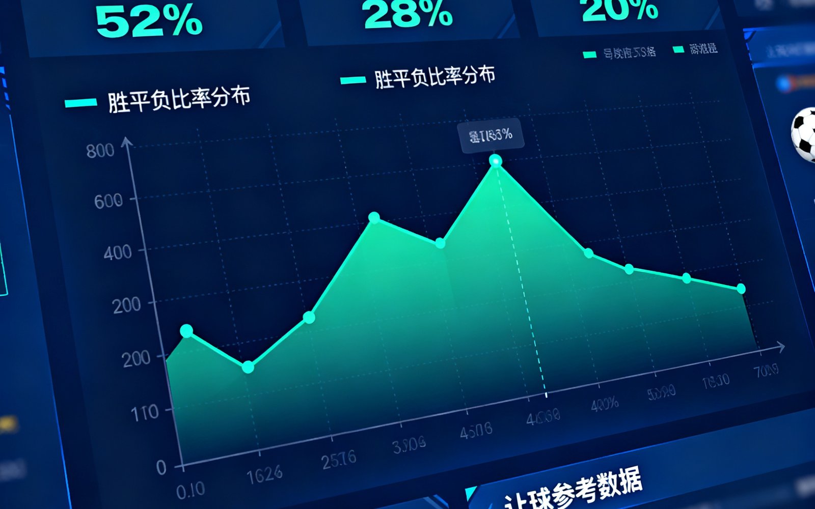 AI预测模型界面截图，展示一场足球比赛的胜平负概率分布图，主胜概率52%，平局概率28%，客胜概率20%，并附有大小球分析和让球参考数据。